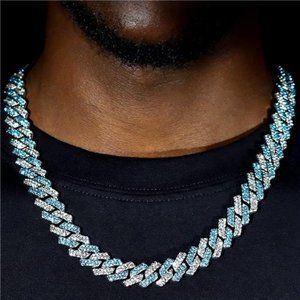 Blue/Silver Cuban Link Iced Out Chain Necklace